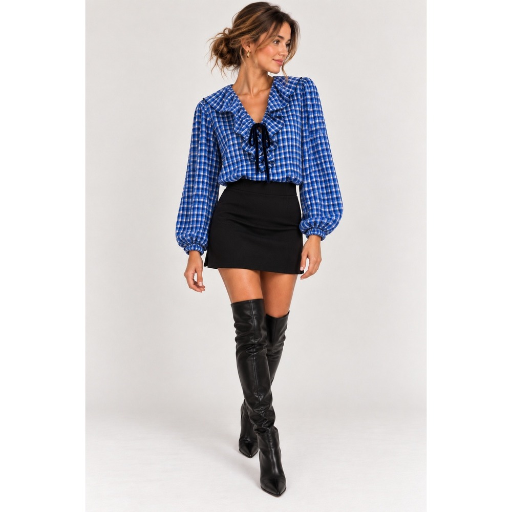 Zara Blue Gingham Ruffle Tie Neck Blouse Long Sleeve Top M 9226/867/044